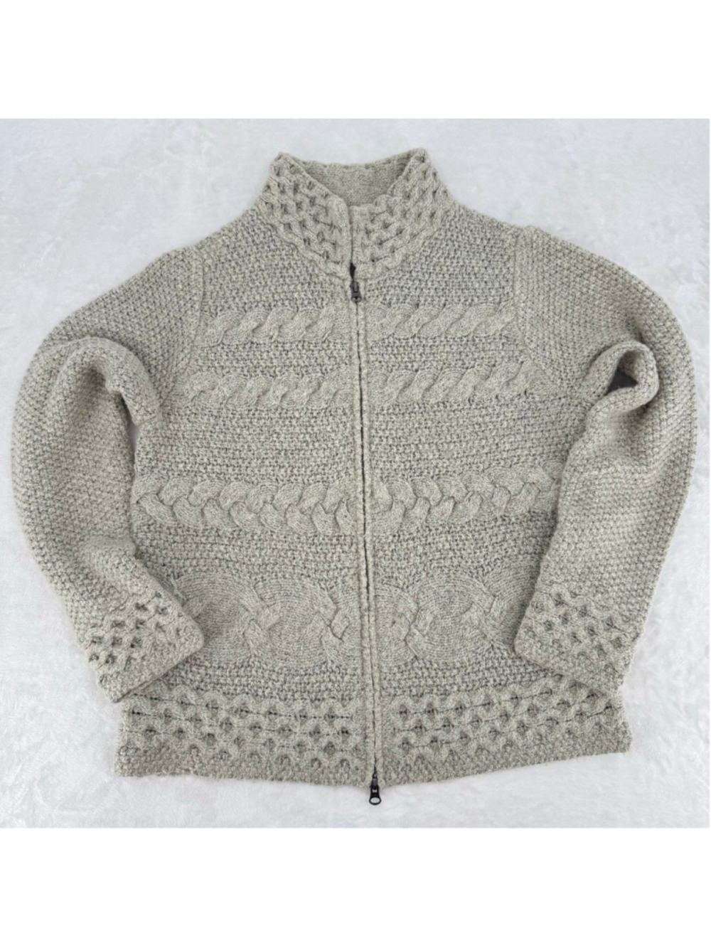 J Jill Tan Cable Knit Cardigan Sweater Zip Front Cottagecore Fisherman Sz Medium